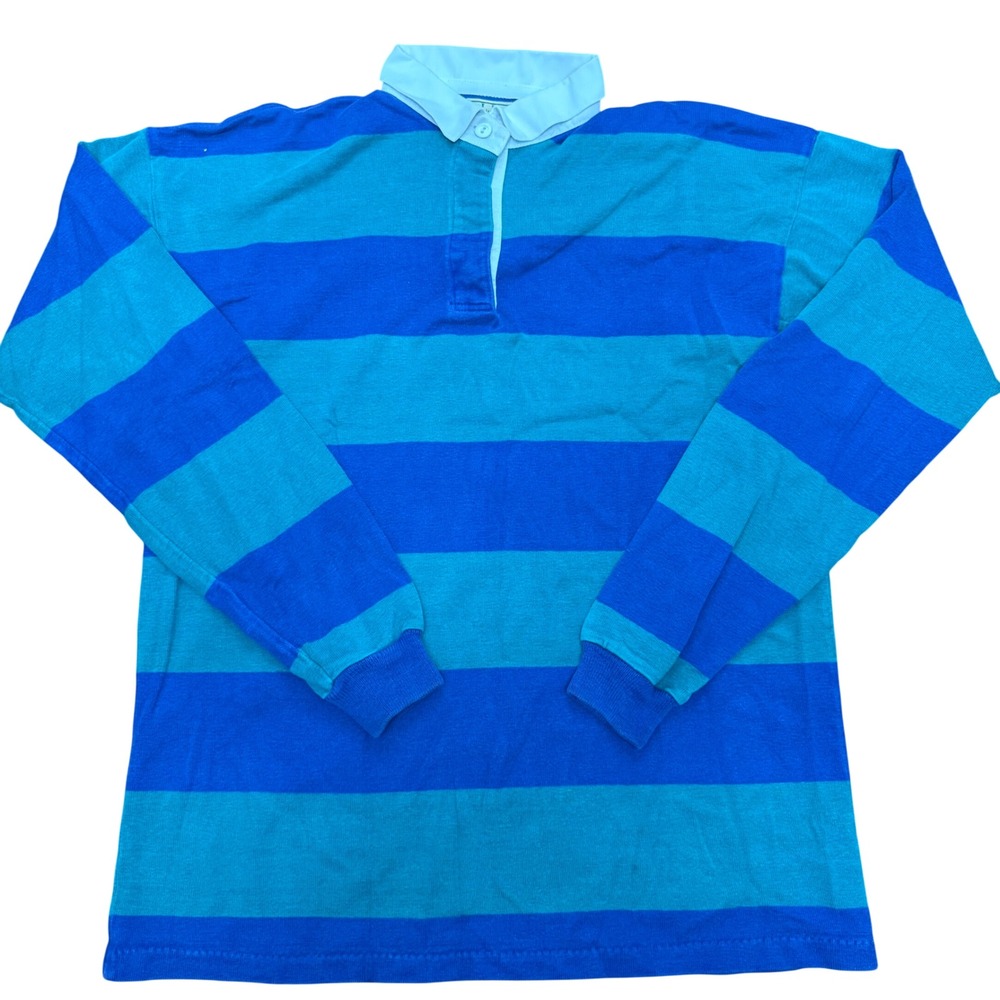LL Bean Rugby Shirt Mens Large Blue Teal Striped Vintage Made in USA Long Sleeve